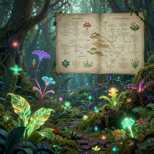 Fantasy forest scene with glowing mushrooms and plants, illuminated by colorful bioluminescence, featuring an open ancient map book floating above.