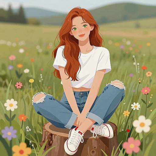 Dreamy Young Woman Among Colorful Flowers