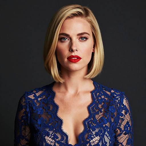 Photograph of a blonde woman with a bob haircut, wearing a blue lace top, red lipstick, and dark background.