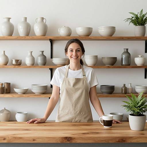 Photograph of a smiling woman with dark hair in a white shirt and beige apron, standing behind a wooden counter in a minimalist kitchen with white shelves