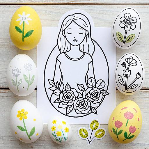 Ink drawing of a girl with flowers, surrounded by six decorated Easter eggs with yellow, pink, and white floral designs.