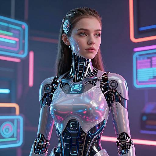 Photorealistic CGI of a young woman with cybernetic enhancements, featuring glowing blue and neon pink lines, in a futuristic, neon-lit room