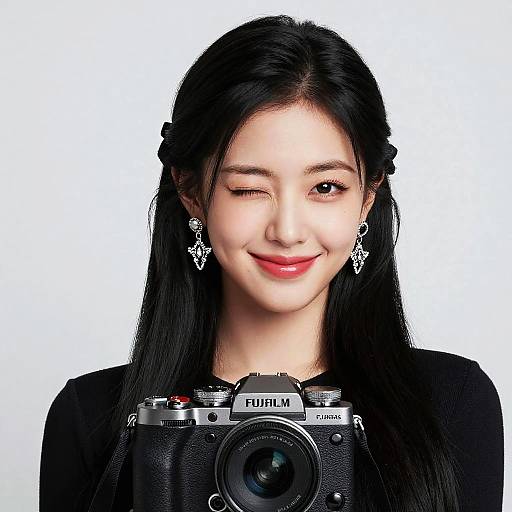 Photograph of an Asian woman with long black hair, winking, wearing black earrings and holding a Fujifilm camera against a white background.