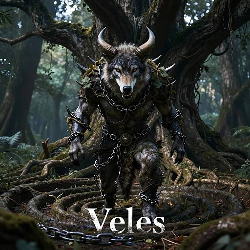 Digital art of a fierce, horned wolf creature with dark fur and chains, standing in a dark, enchanted forest with twisted roots. Text 