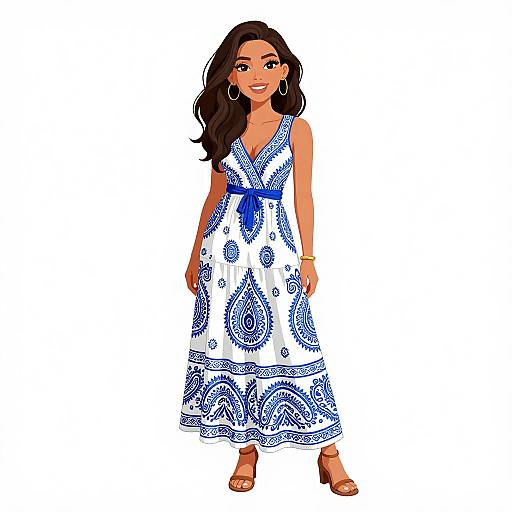 Digital illustration of a smiling woman with long brown hair, wearing a white blue-patterned sleeveless dress, hoop earrings, and brown sandals.