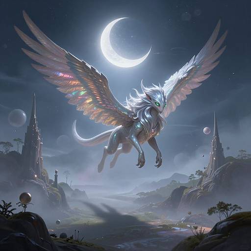 Digital fantasy artwork: A majestic, winged, white-furred creature with glowing blue eyes and rainbow-colored wings soars under a luminous crescent