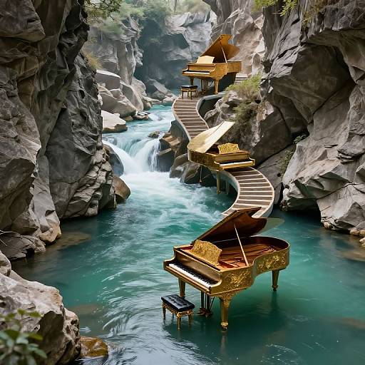 Fantastical digital artwork: Golden grand piano with staircase in a turquoise river, surrounded by rocky cliffs and cascading waterfall.