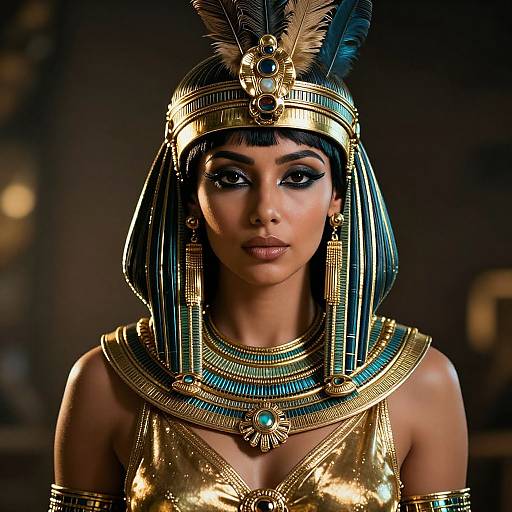 Photorealistic CGI of an Egyptian woman with dark skin, wearing an ornate gold and blue headpiece, detailed jewelry, and a gold dress,