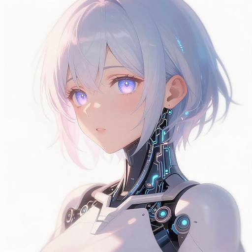 Digital anime-style drawing of a pale-skinned, silver-haired girl with glowing blue eyes, wearing a futuristic white and black cybernetic outfit.