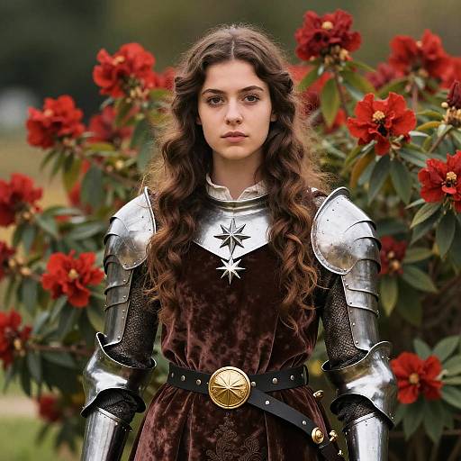 Photograph of a young woman with long, curly brown hair, wearing medieval silver armor and a dark velvet dress, standing in front of vibrant red flowers