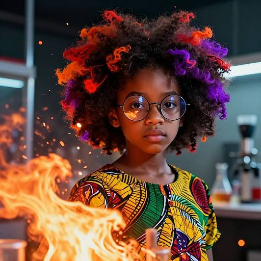 Photograph of a young African girl with colorful, curly hair, wearing round glasses and a vibrant, patterned dress, standing in front of a bright