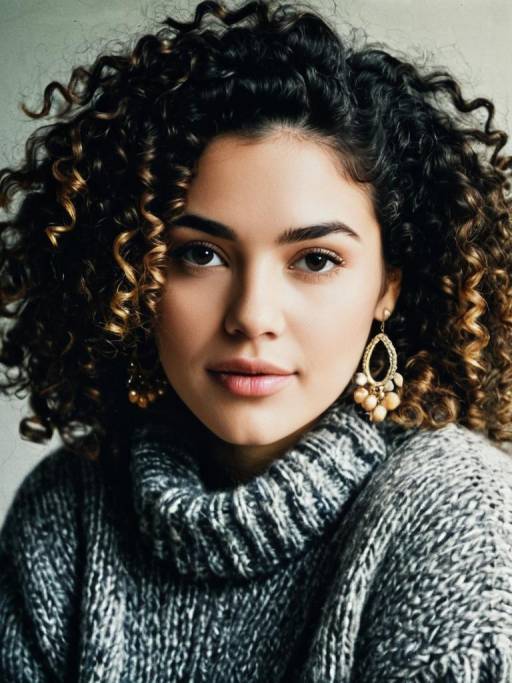 Woman in Chunky Knit Sweater with Curly Hair