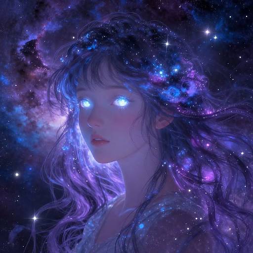 Digital art of a ethereal woman with glowing blue eyes, flowing purple and blue hair, surrounded by a starry, cosmic background.