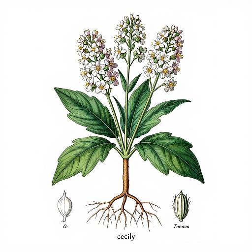 Detailed botanical illustration of a cocklebur plant with green leaves, white flowers, brown stem, exposed roots, and labeled seeds.