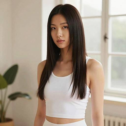 Asian Woman with Pin Straight Hair in White Tank Top