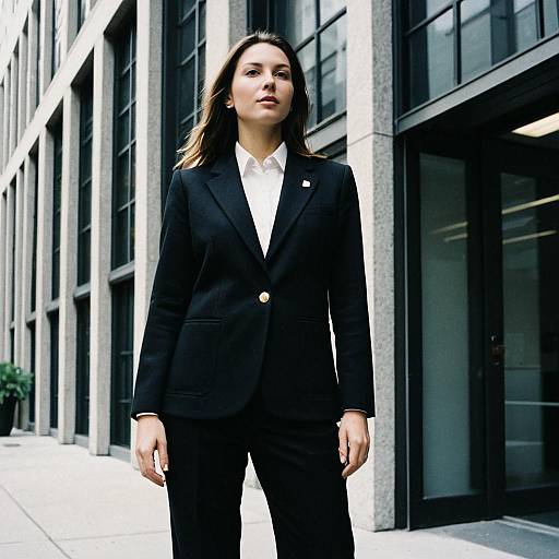 Photograph of a confident woman in a black suit and white shirt standing in front of a modern glass building.