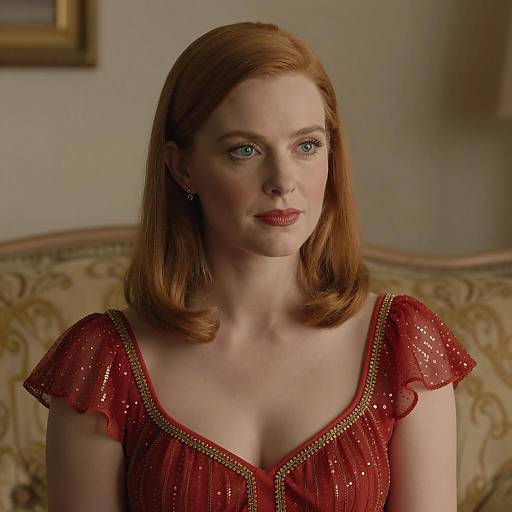 Elegant Woman in Red Dress on Couch