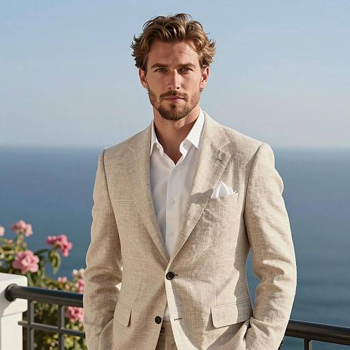 Stylish Man in Beige Plaid Suit