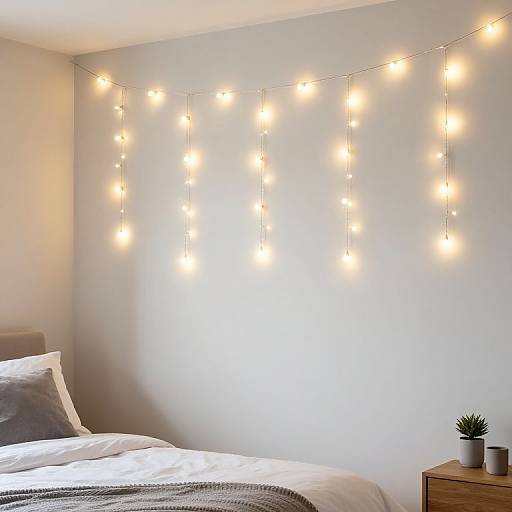 Photograph of a minimalist bedroom with white walls, string lights hanging on the wall, a gray bed with white and gray pillows, and a small wooden