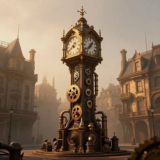 Steampunk clock tower with gears and pipes in a foggy, Victorian-style town square at sunset. (Digital Art)