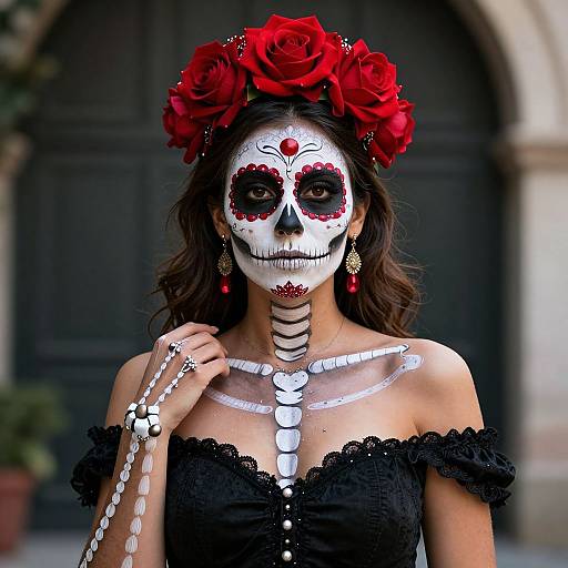 Photograph of a woman with black lace dress, white skeleton face paint, red flower crown, holding rosary, black door background.