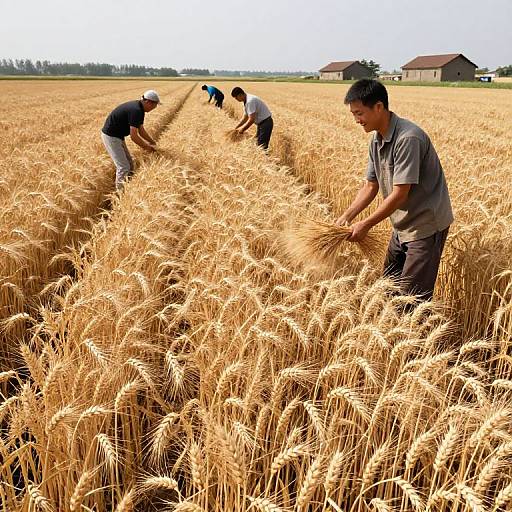 Photograph of four men harvesting golden wheat in a vast field under a clear blue sky, with distant farmhouses and trees.