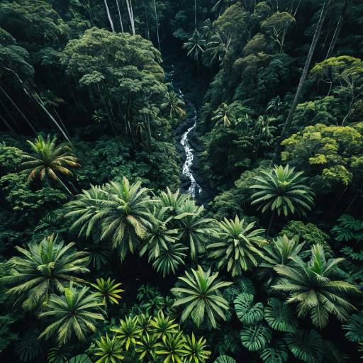 Aerial View of Dense Rainforest with Stream