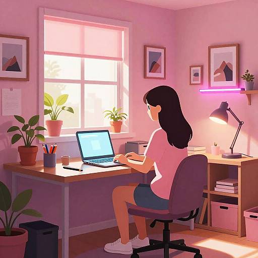 Cozy Pink-Lit Bedroom Office Illustration