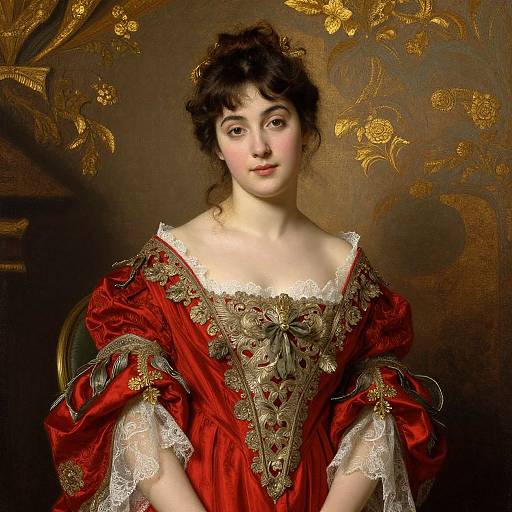 Portrait of a young, fair-skinned woman with dark curly hair, wearing an ornate red velvet dress with gold embroidery and white lace, set against