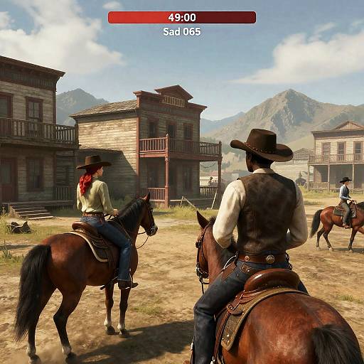 Photorealistic video game screenshot: Two cowboys in hats and vests ride brown horses in a sunlit, mountainous Western town with wooden buildings;