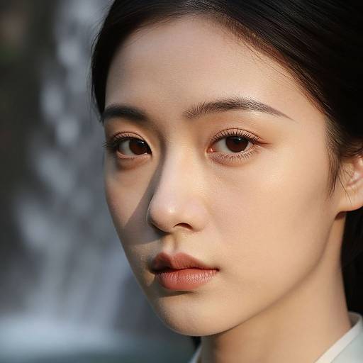 Close-up photograph of an Asian woman with fair skin, brown eyes, and black hair, softly lit, showing a calm and neutral expression.