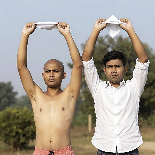 Focused Men Raising White Cloth Outdoors