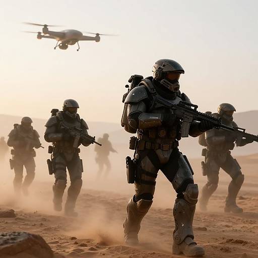 Photograph of four heavily armed soldiers in full tactical gear advancing through a dusty desert, with a helicopter in the background.