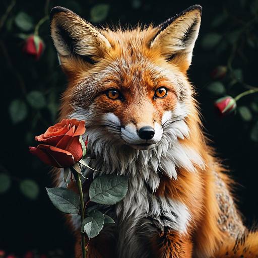 Curious Fox Holding a Rose