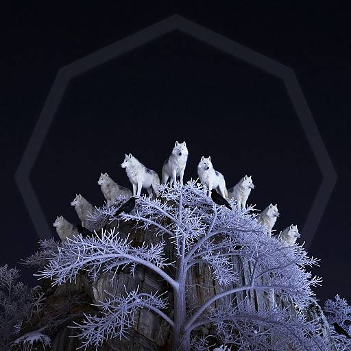 Photograph of glowing white wolves standing on a frosty tree against a dark, hexagon-patterned background, creating a surreal, ethereal effect.