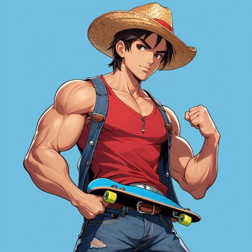 Muscular Boy in Denim and Straw Hat