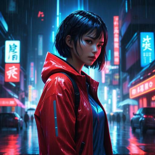 Anime Girl in Neon Rainy City Scene