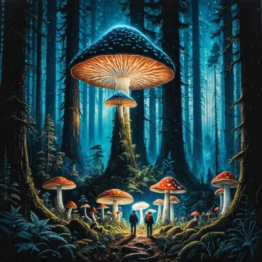 Bioluminescent Mushroom Forest with Scientists