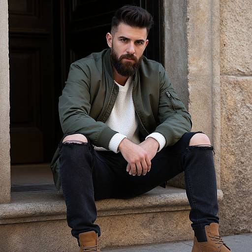 Bearded man sitting on stone ledge