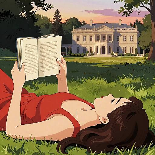 Reading by the Mansion at Sunset