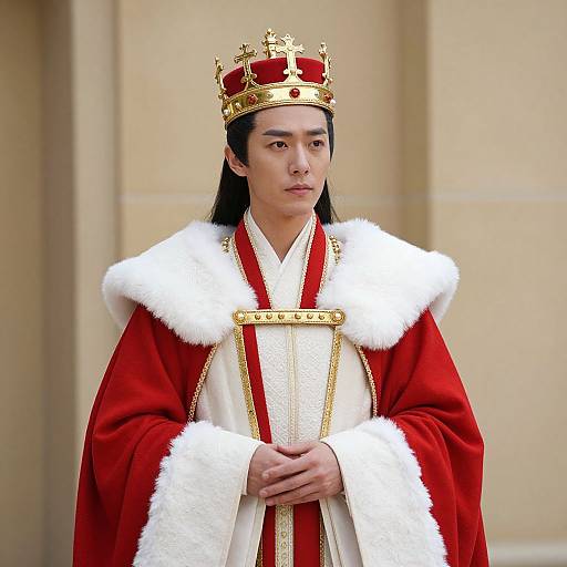 Photograph of an Asian woman with long black hair, wearing a red and white royal robe with fur trim, and a gold crown, standing against a