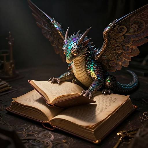 Photorealistic CGI of a vibrant, iridescent dragon with glowing blue and green scales, reading an open ancient book on a dark, ornate