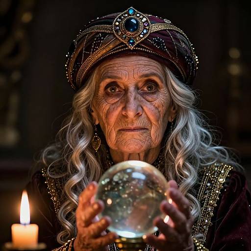 Photograph of an elderly, wrinkled woman with long silver hair, wearing a jeweled, black, ornate crown, holding a glowing snow globe