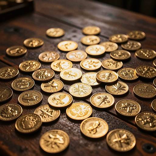 Photograph of numerous shiny gold coins scattered on a dark wooden table, with a warm, spotlight-like glow highlighting their detailed engravings.