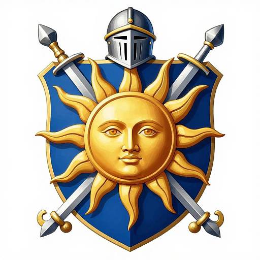 Digital illustration of a blue shield with a golden sun face, flanked by crossed silver swords and a knight's helmet.