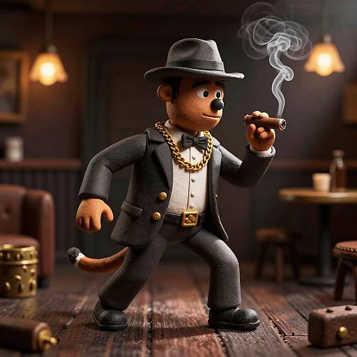 CGI cartoon of a brown anthropomorphic dog in a black suit, fedora, gold chain, and holding a smoking cigar, standing in a dim
