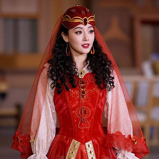 Photograph of a woman with curly black hair, wearing a red velvet Renaissance-style dress, lace veil, and gold headpiece, with red and gold