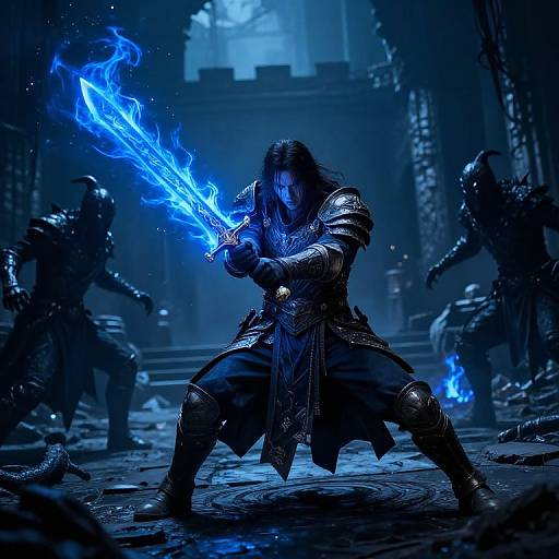Epic digital artwork: muscular warrior with long black hair in ornate armor, wielding glowing blue fire sword, confronts shadowy enemies in a dark