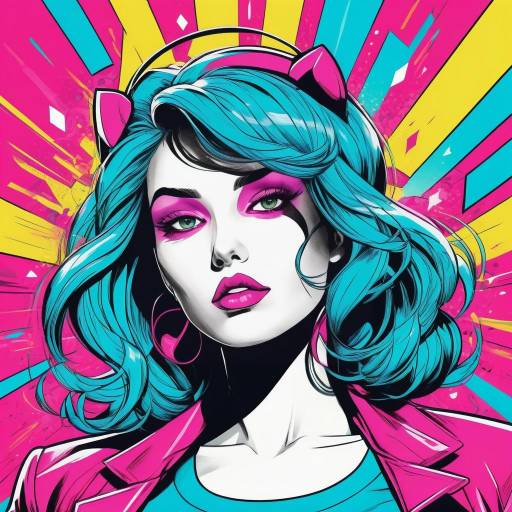Colorful Pop Art Woman with Blue Hair
