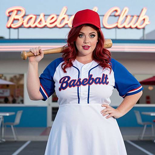 Photograph of a red-haired woman in a red baseball cap, white and blue baseball uniform, holding a bat, standing in front of a neon-l